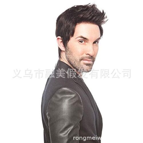 Wig Mens Short Straight Hair With Slanted Bangs, Middle-age