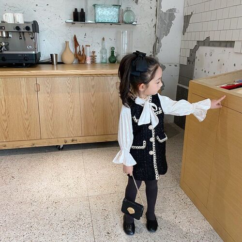 2023 Spring New Arrival Girls Fashion Tweed Dress Kids Long