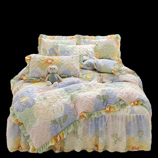 韩式全夹棉床裙床笠款四件蕾丝边被可做夏被公主风床品三件