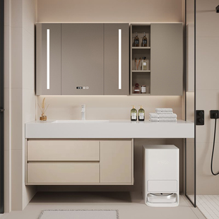 扫地机器人浴室柜加宽岩板陶瓷无缝一体盆镜柜边柜定制洗漱洗手台