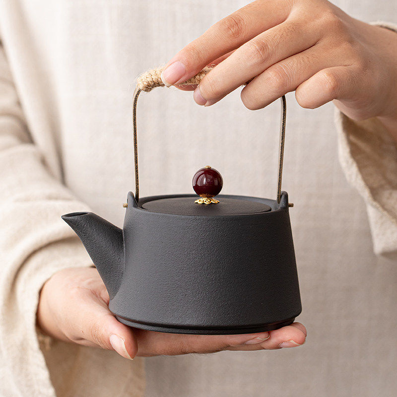 黑陶磨砂提梁壶家用陶瓷防烫功夫泡茶具复古茶壶一人饮单壶冲茶器,餐饮具,茶壶,淘宝优惠券,粉丝福利购,淘宝优惠卷