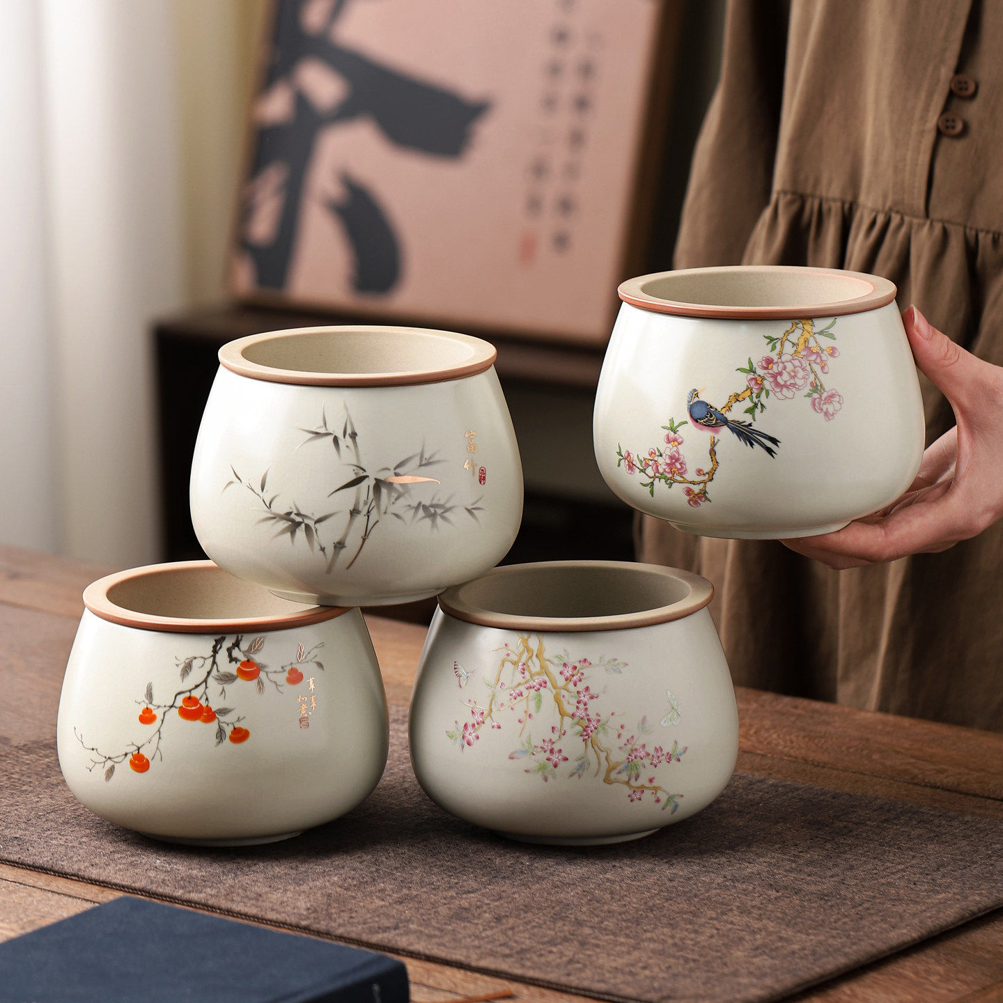 汝窑茶渣缸陶瓷茶洗建水过滤带盖茶道/零配