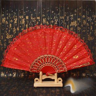 特价9.9包邮咏春经典玫瑰花扇子 女式蕾丝布扇舞蹈扇子 女士折扇