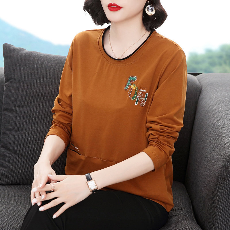 纯棉长袖t恤女 宽松洋气卫衣中老年妈妈秋冬装百搭打底衫大码外穿