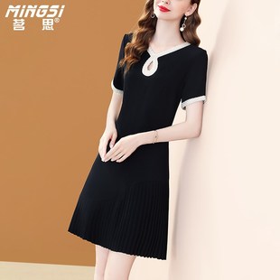茗思名媛轻奢钉珠连衣裙女2024夏季新款气质短袖宽松显瘦百褶裙子