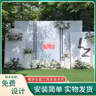 森系婚礼背景墙户外农村小院装饰简约合影区白绿色小清新kt板定制