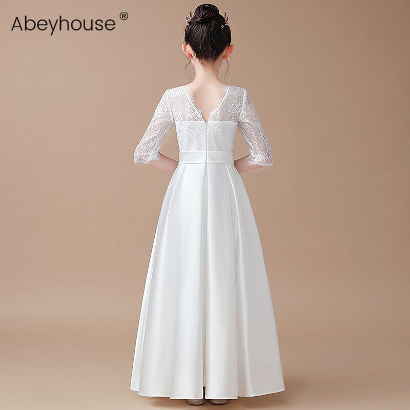 女童高端晚礼服白色长款钢琴演出服中大童婚礼花童裙生日公主裙仙