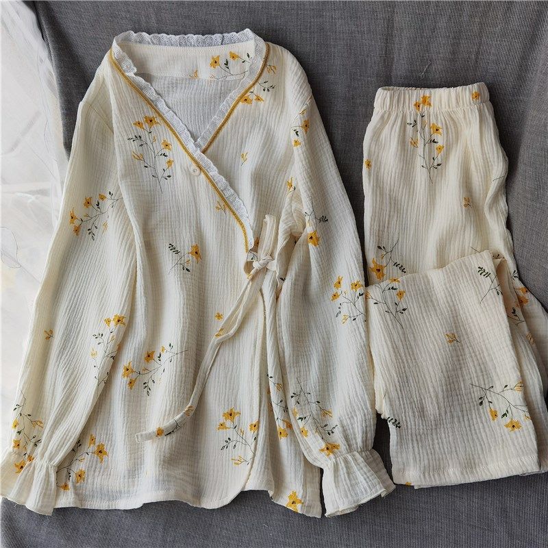 春夏女v领纯棉水洗双层棉纱长袖长裤和服家居服睡衣套装汉服花边,女士内衣/男士内衣/家居服,睡衣/家居服套装,淘宝优惠券,粉丝福利购,淘宝优惠卷