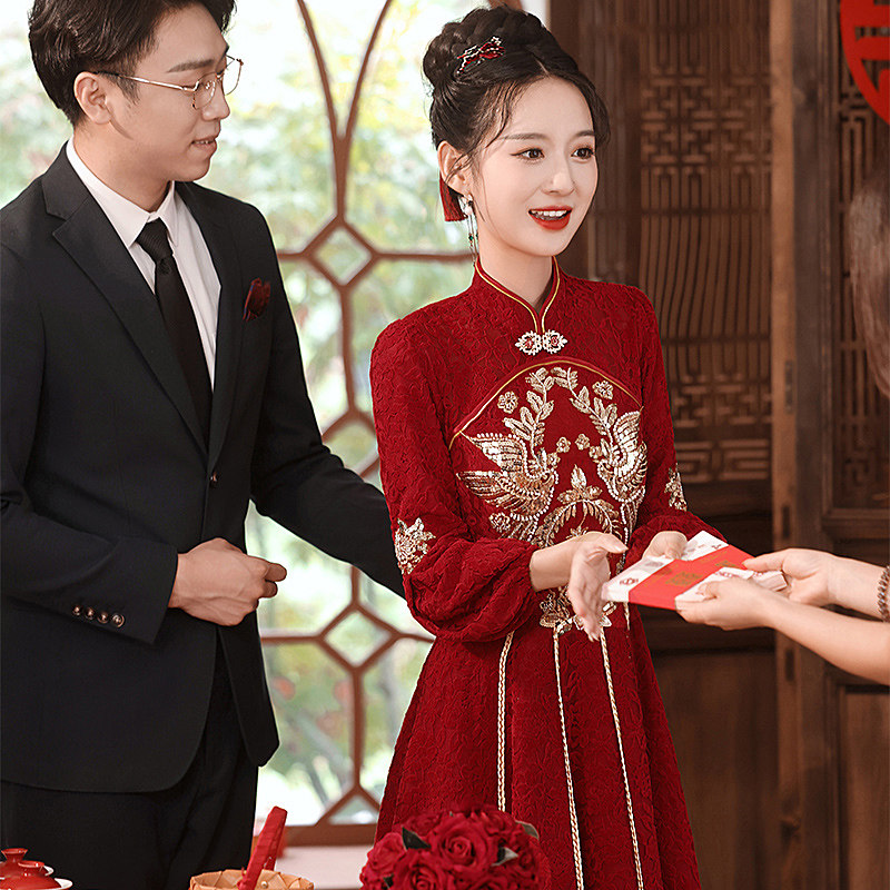 敬酒服新娘高级感小个子订婚礼服长袖中式旗袍回门便装红色秀禾裙
