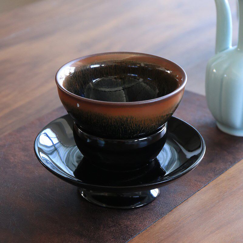 福州大漆点茶盏托仿宋木胎漆器大杯托宋式朱漆黑漆天目台兔毫茶碗