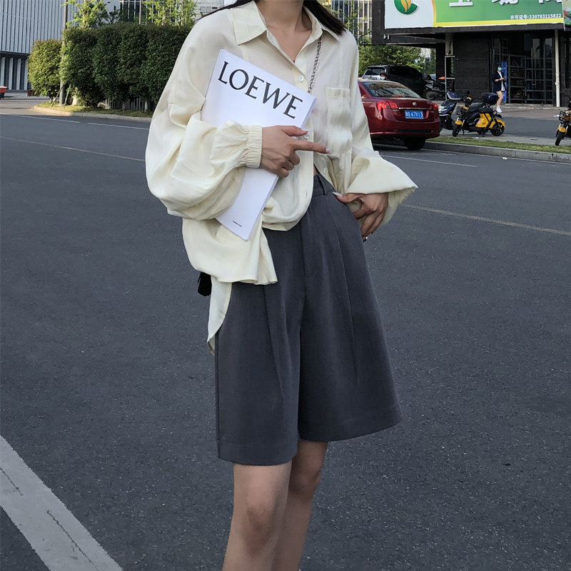 2021新款夏季高腰五分短裤女直筒宽松休闲西装裤垂感黑色阔腿裤子