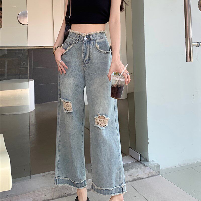 145小矮个子设计感毛边破洞牛仔裤女高腰直筒阔腿xs显高八分夏季