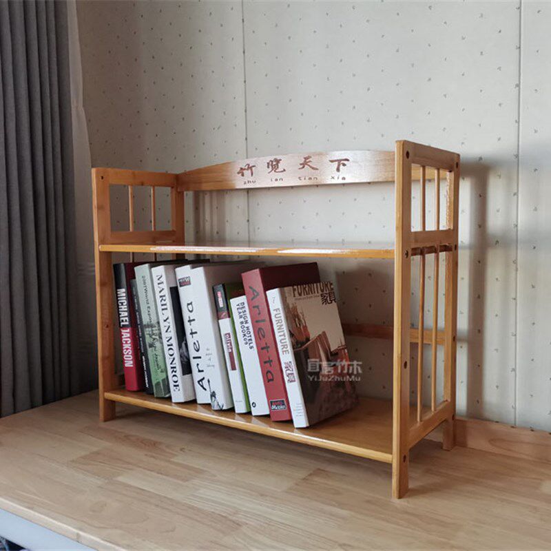 两层桌面竹书架二层桌上置物架实木简易办公双层小书架柜包邮收纳