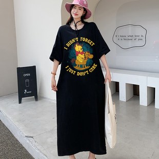 高个子大码遮肚子显瘦连衣裙胖mm夏装宽松纯棉过膝长款及踝t恤裙