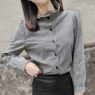 黑白格子衬衫女士长袖立领木耳花边上衣纽扣常规春秋装打底百搭