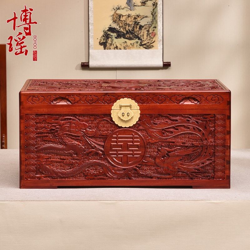 博瑶香樟木箱子龙凤喜婚嫁箱仿古雕花嫁妆箱结婚收纳箱陪嫁结婚箱