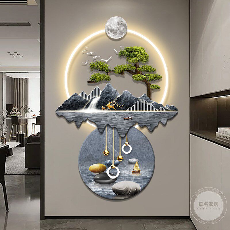 2024新款玄关装饰画新中式流水生财走廊尽头挂画入户正对门山水画