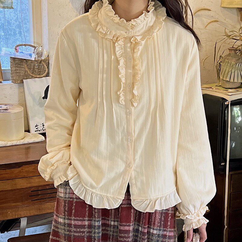 冬季加绒加厚奶黄色宫廷荷叶边立领衬衫复古灯笼袖打底衫娃娃衫