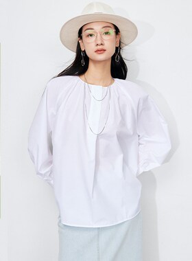 GJHJ2024新款高支新疆长绒棉廓形圆领灯笼袖衬衫女 优雅法式衬衫