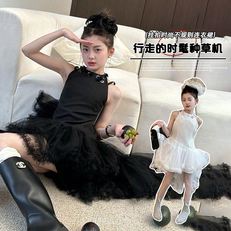 女童礼服连衣裙夏装高端走秀演出纱裙儿童轻奢生日公主挂脖蛋糕裙