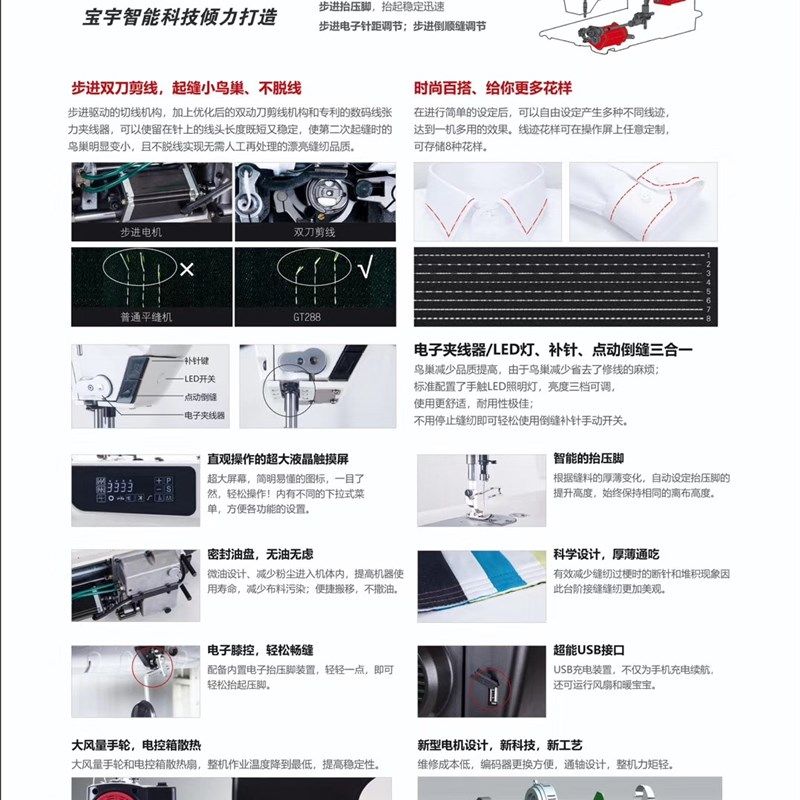全新全套BAOYU宝宇牌288电子送布双刀微油USB花样电脑平缝缝纫机
