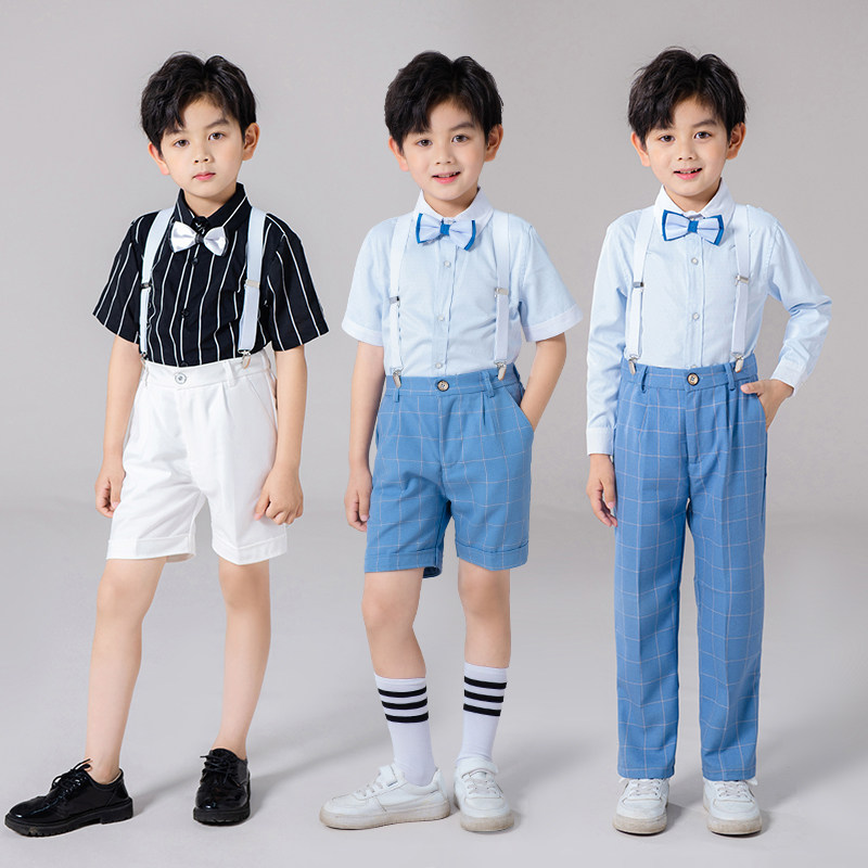 六一儿童背带裤演出服男童小学生朗诵男孩主持人蓝色礼服表演服装