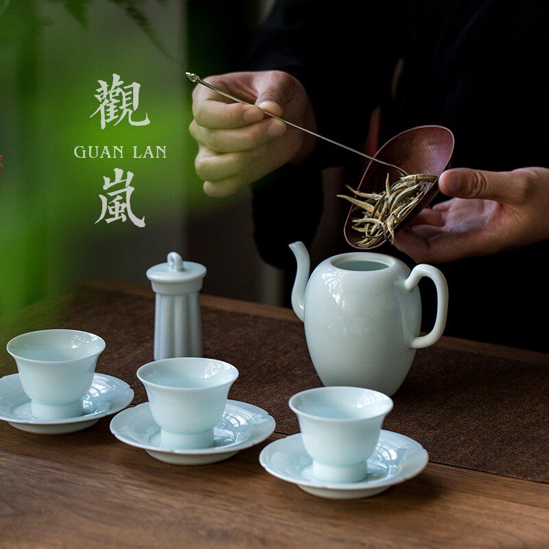 观岚湖田窑美人肩影青茶壶陶瓷手工泡茶壶日式功夫茶具家用喝茶壶