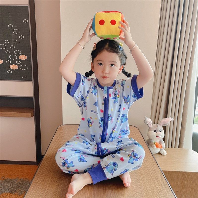 夏季儿童睡衣连身女童夏天女孩男童男孩短袖a类全棉纯棉睡袍无痕