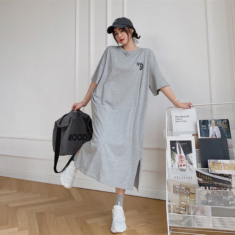 黑色小个子大码宽松T恤裙女中长款夏季懒人裙胖mm短袖连衣裙2024
