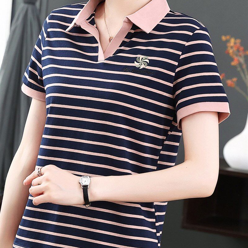 纯棉短袖t恤女妈妈夏装2024新款中老年人大码洋气上衣时尚polo衫