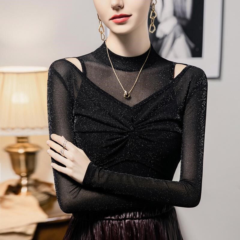 好看洋气的打底衫女士长袖亮丝纱衣网纱t恤高级感亮闪闪上衣春款