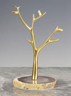 天然玛瑙底座黄铜树枝植物首饰架家居摆件轻奢华卧室玄关软装饰品