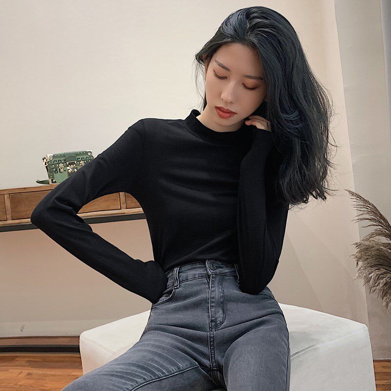 加厚加绒棉长袖t恤女半高领修身紧身内搭黑色打底衫秋冬女装上衣