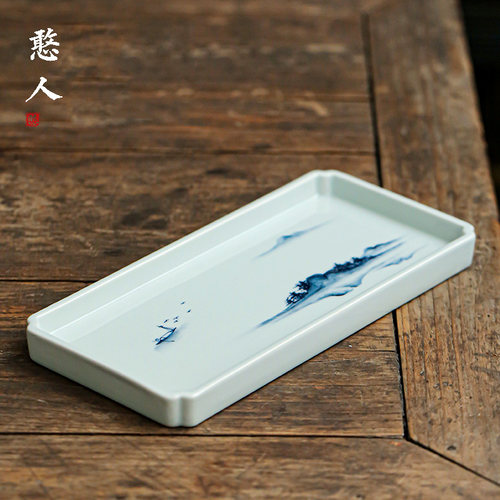 憨人仿古手绘青花瓷山水干泡盘长方形小茶盘壶承禅意养壶茶台家用