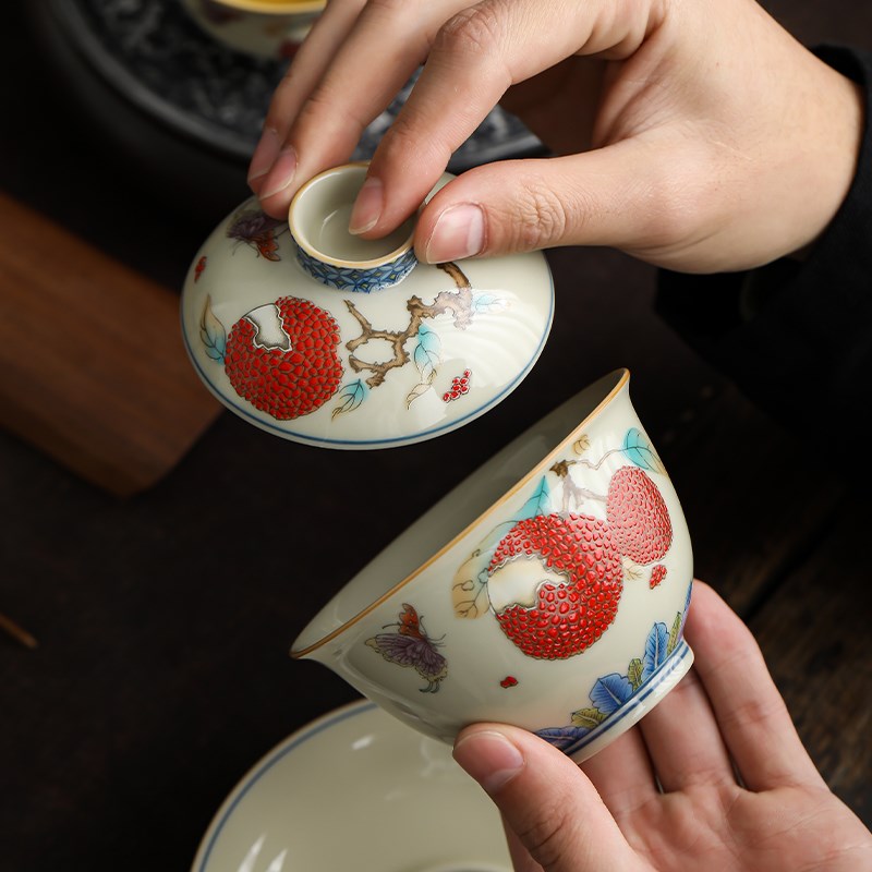 荔枝元宝盖碗茶杯陶瓷中式家用高档精致泡茶碗单个不烫手功夫茶具