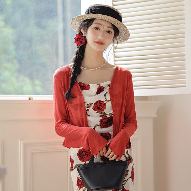 针织开衫女夏薄款防晒小披肩2024新款短款空调衫旗袍吊带外搭罩衫