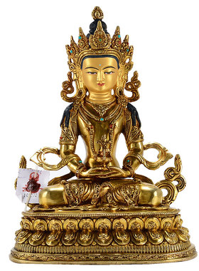 藏村尼泊尔手工常寿佛鎏金彩珠镶嵌铜像长寿佛居家桌面摆件10寸