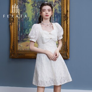 FEXATA蝴蝶结连衣裙夏季新品法式浪漫绣花小A裙流行时髦时尚洋气