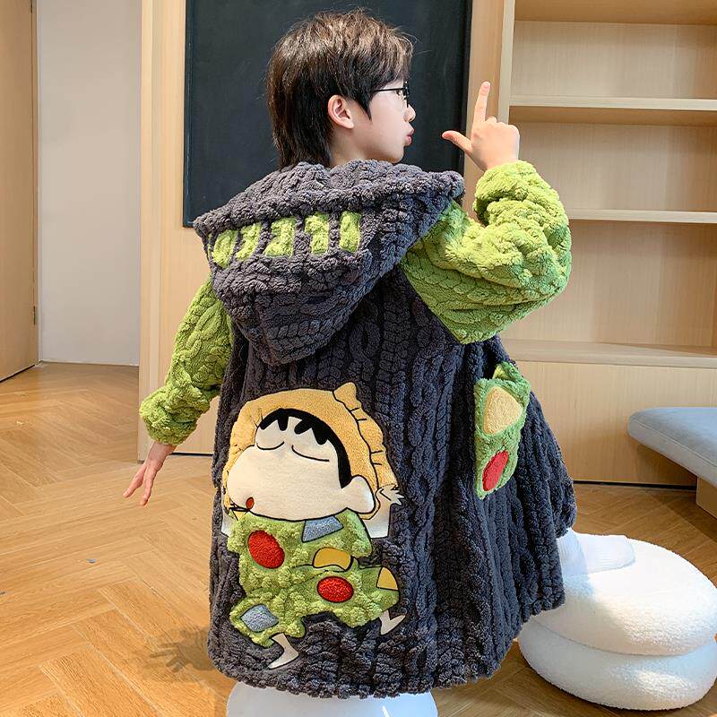 秋冬季儿童睡袍珊瑚绒男童法兰绒浴袍中大童宝宝恐龙卡通动物睡衣