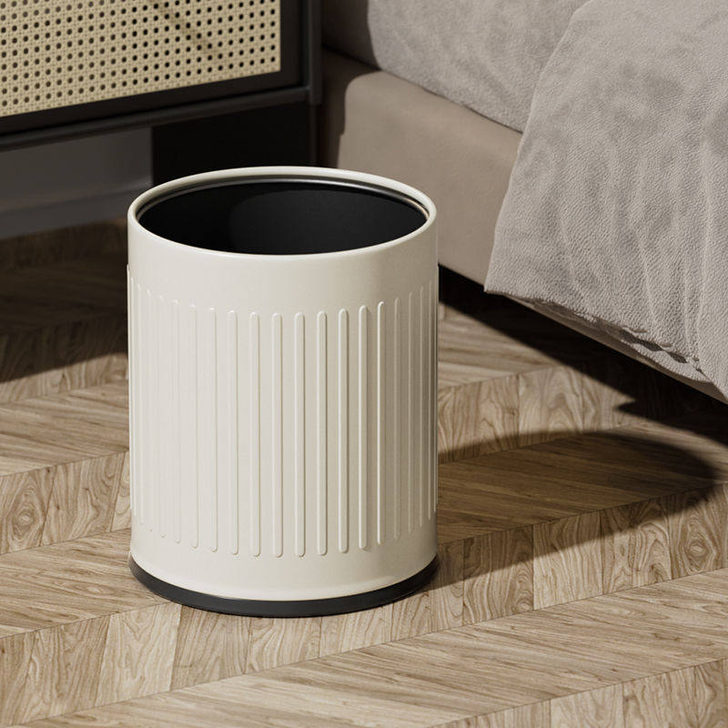 北欧风高颜值无盖垃圾桶复古竖纹家用客厅厨房轻奢双层大号2022奶