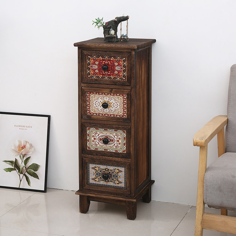 美式彩绘五斗柜实木夹缝收纳柜30cm窄柜子卧室角落缝隙复古小立柜,住宅家具,斗柜,淘宝优惠券,粉丝福利购,淘宝优惠卷