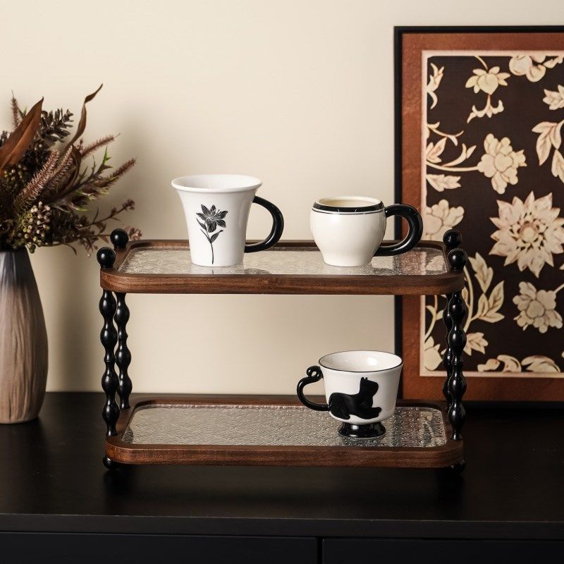 中古风桌面杯子实木置物架高级感轻奢家用台面特别好看双层收纳架