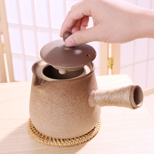手工粗陶侧把烤茶罐带盖子公道杯煮茶壶老岩泥罐罐茶煮茶器仿古加