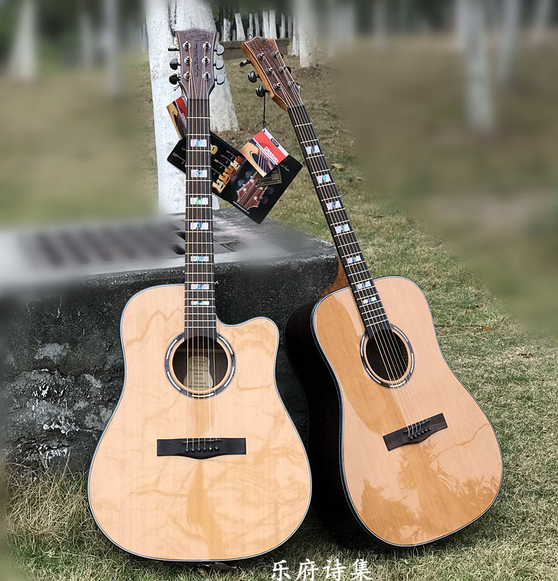 手工高端单板40寸41寸民谣圆缺角面单电箱红松云杉玫瑰初学木吉他