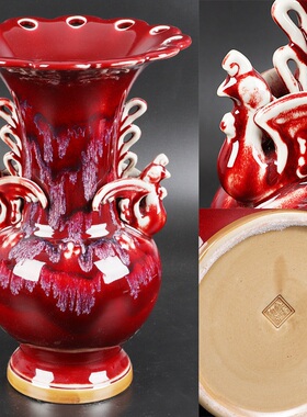 陶瓷器花瓶钧瓷雕刻凤尊红窑变家居装饰品摆件插花器艺术品工艺品
