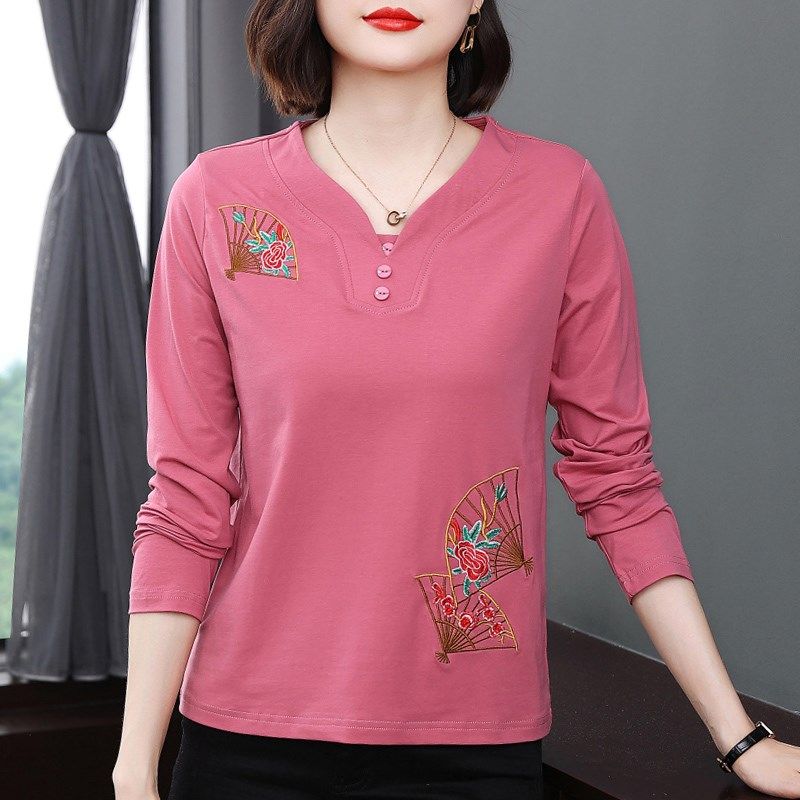 纯棉长袖t恤女宽松2024春装新款百搭V领上衣中老年妈妈休闲打底衫