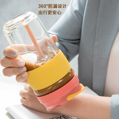 玻璃水杯子女夏带吸管盖便携可爱泡茶随行大容量咖啡奶茶网红双饮
