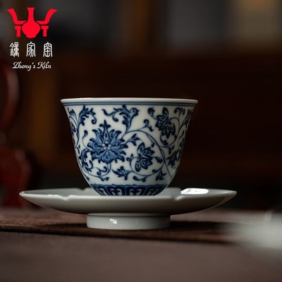 钟家窑陶瓷杯垫 景德镇手工青花葵口卷曲纹小杯托隔热防烫小杯碟