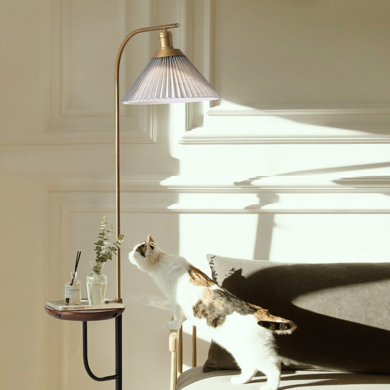 复古落地灯客厅带茶几置物架桌子卧室床头柜一体轻奢无线充电台灯