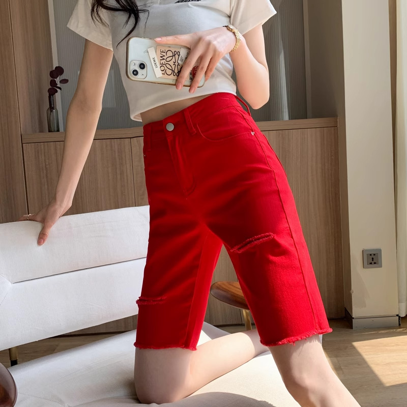 破洞牛仔五分裤女夏季薄款红色高腰紧身短裤显瘦弹力直筒骑行中裤